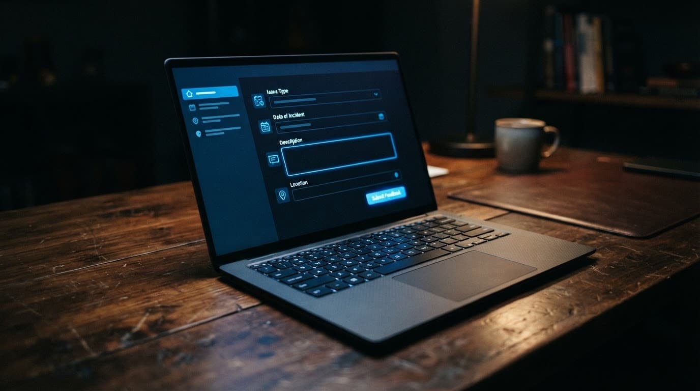 Laptop showing a blue digital complaints form on a wooden desk.