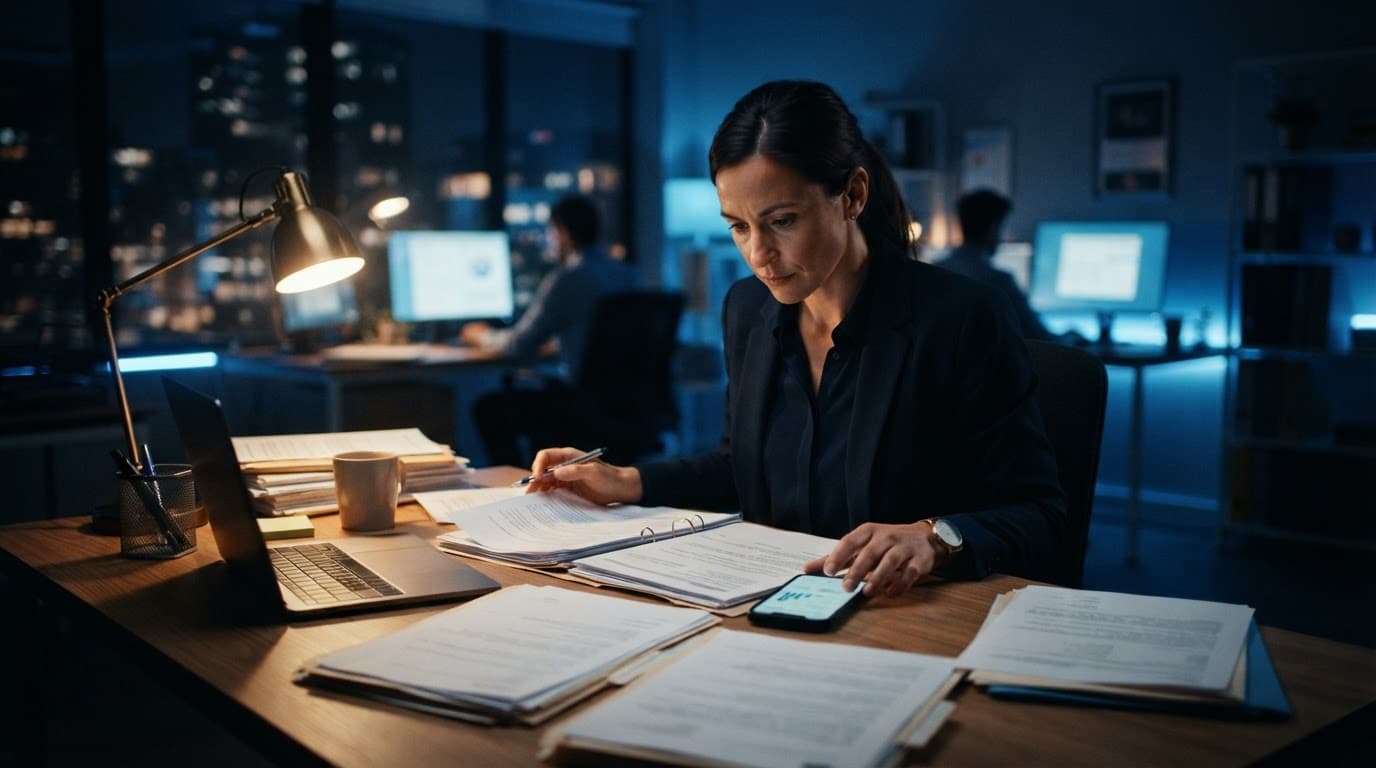 A professional reviews documents beside a smartphone at a modern office desk.