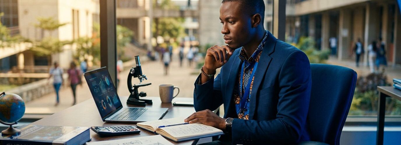 A young Nigerian student at a desk with a laptop and study materials.