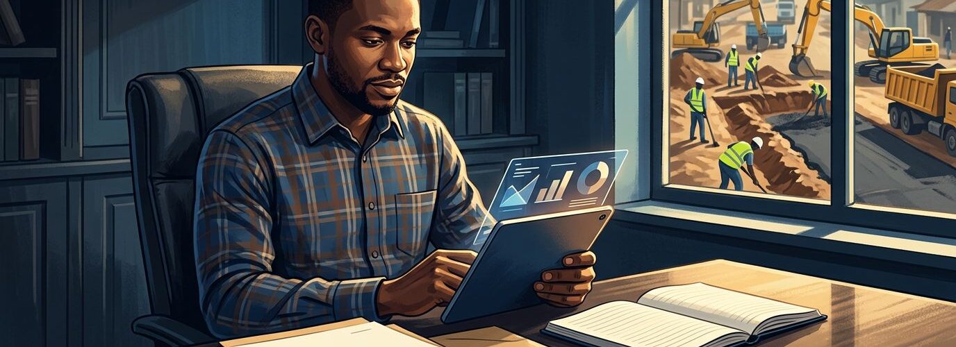 A researcher reviews budget data inside an office overlooking a road construction site.