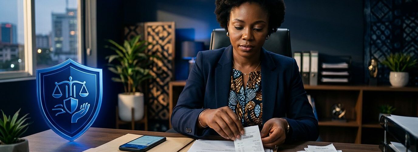 A Nigerian advocate organizes complaint evidence beside a glowing blue shield.