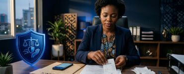A Nigerian advocate organizes complaint evidence beside a glowing blue shield.
