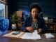 A Nigerian advocate organizes complaint evidence beside a glowing blue shield.