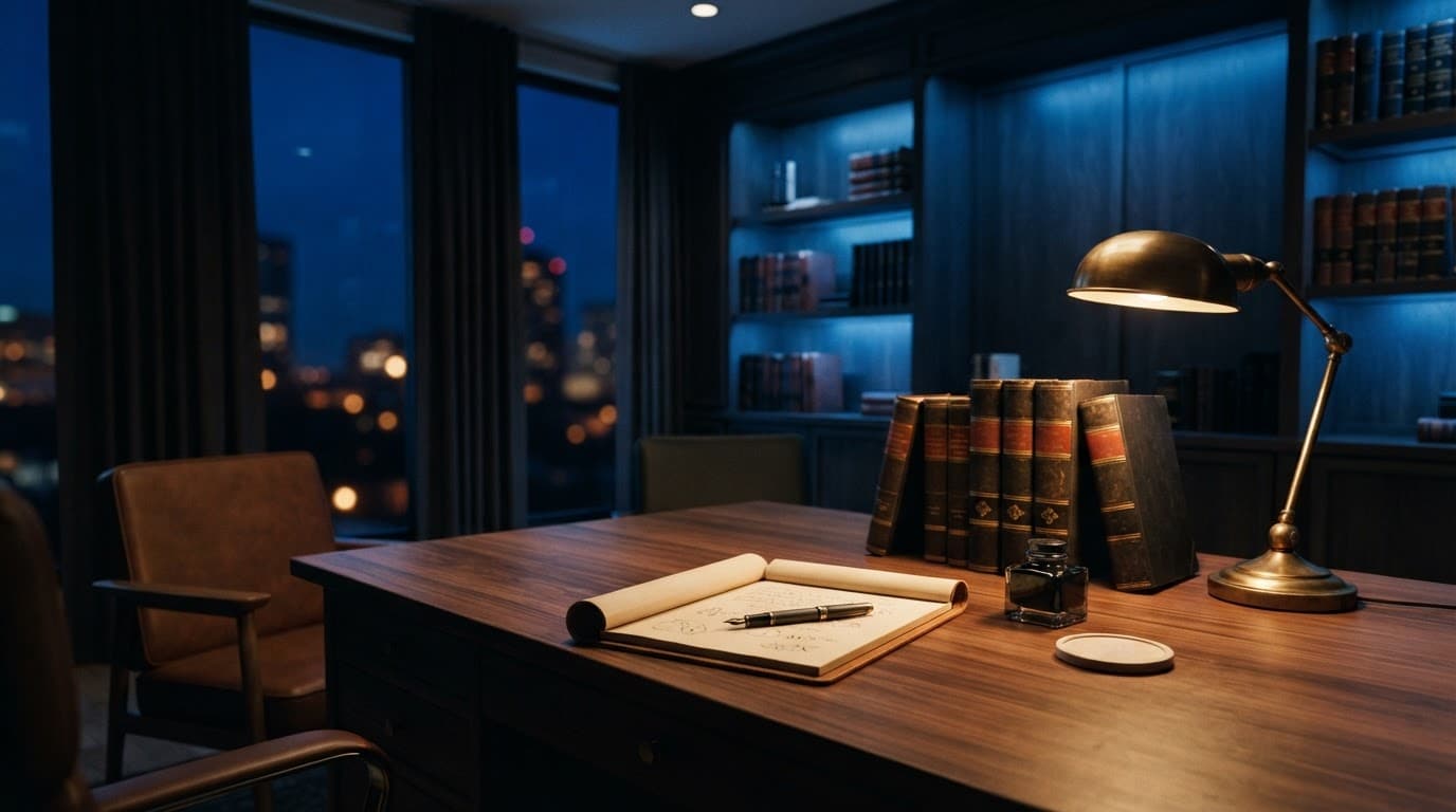 A neat wooden desk with law books, a notepad, and a pen inside a modern office with blue accent lighting.