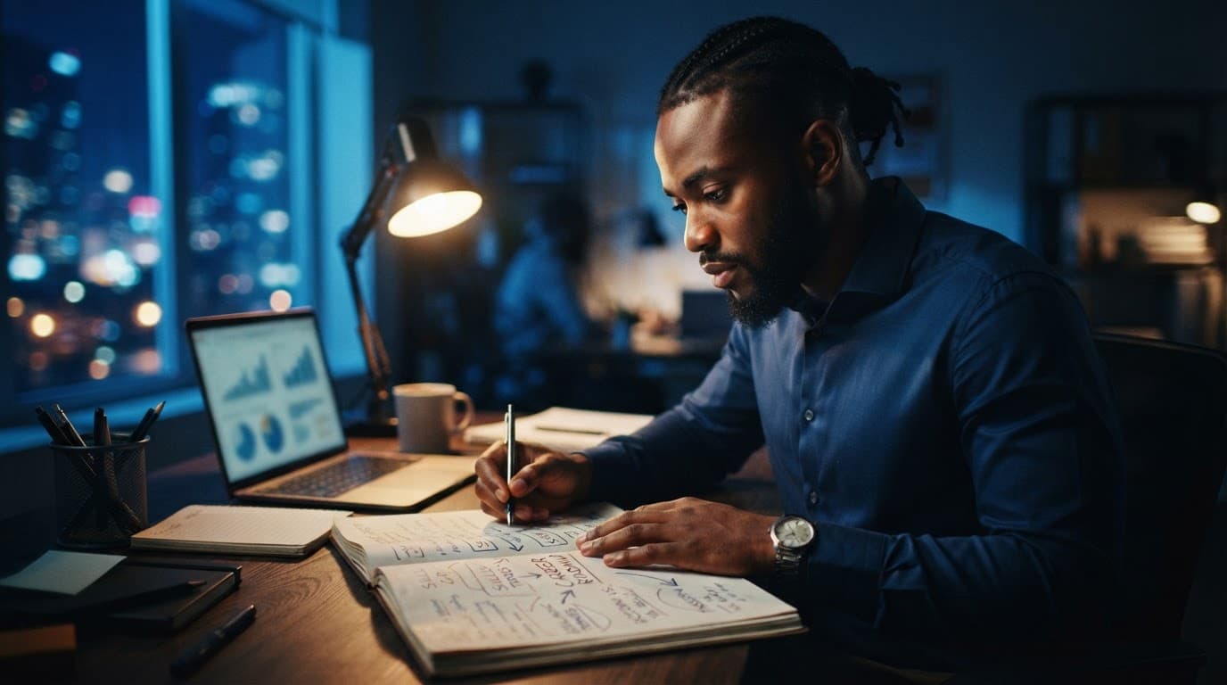 A young Nigerian professional reviews career paths at a desk under strong blue lighting.