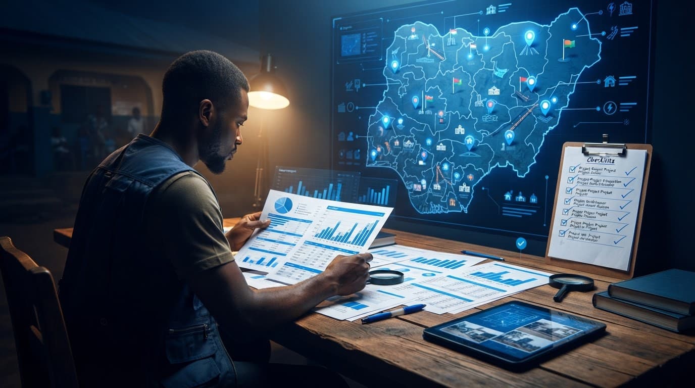 A person reviewing budget documents and a map of Nigeria with project pins.