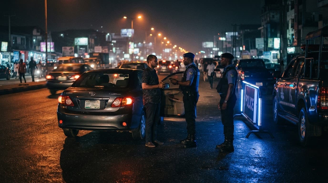 A person standing beside a car at a dark city checkpoint reflecting neon lights.