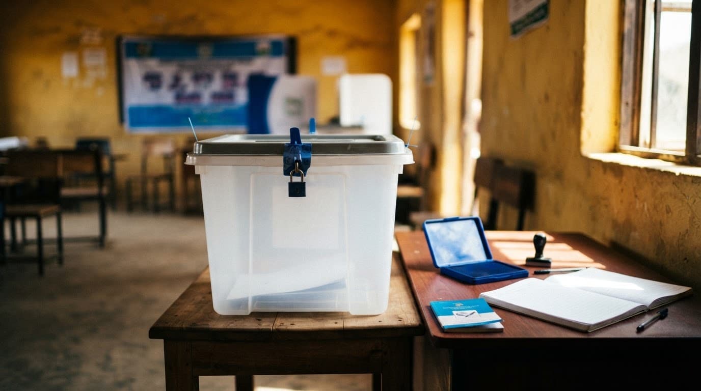 An empty polling station desk and ballot box illuminated by bright dramatic sunlight.