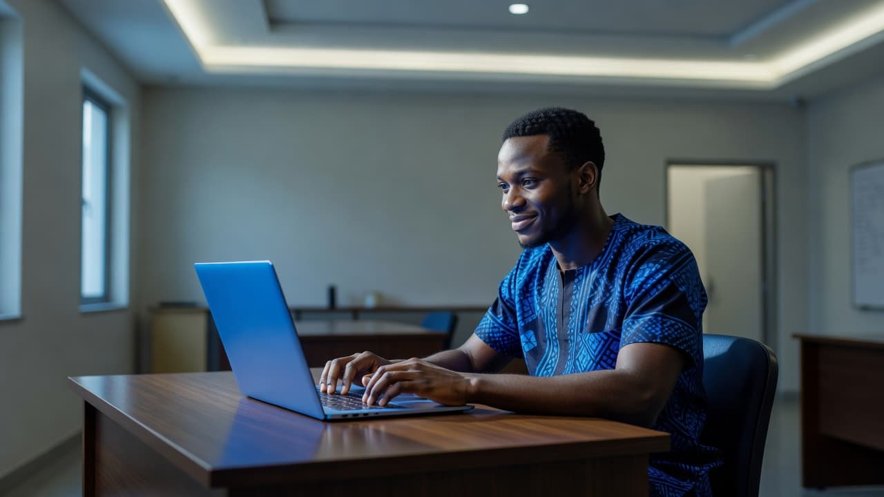 A young Nigerian student looking calmly at a laptop screen in a brightly lit room.