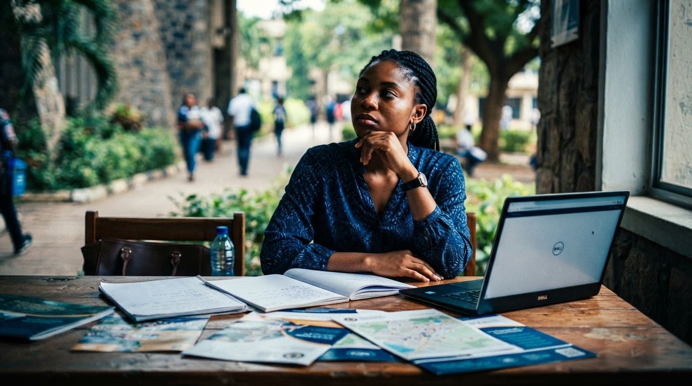 A thoughtful Nigerian student sitting at a wooden desk with a laptop and notebooks.