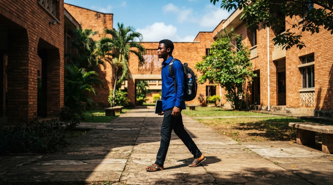 A student walking through a sunny university courtyard past brick buildings.