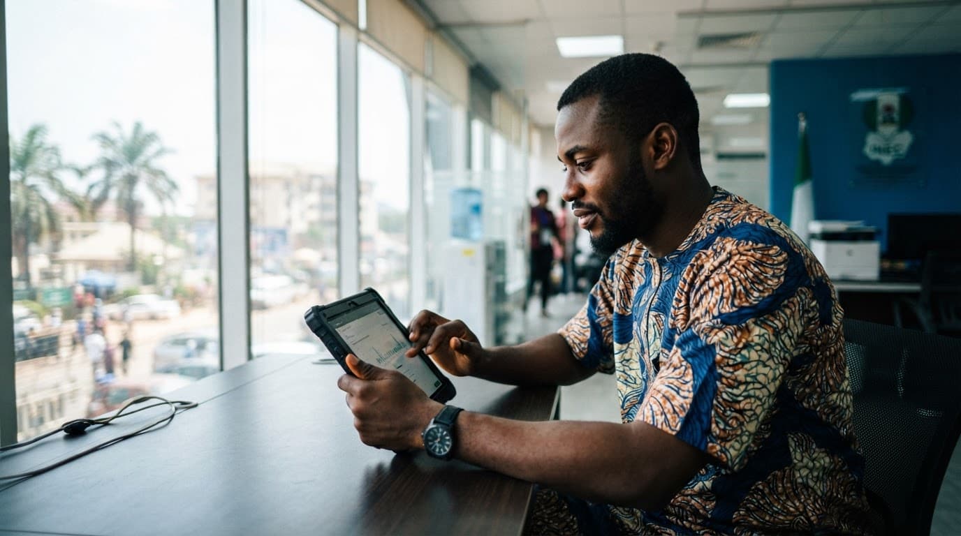 A Nigerian citizen reviewing voter registration on a tablet in a modern office.