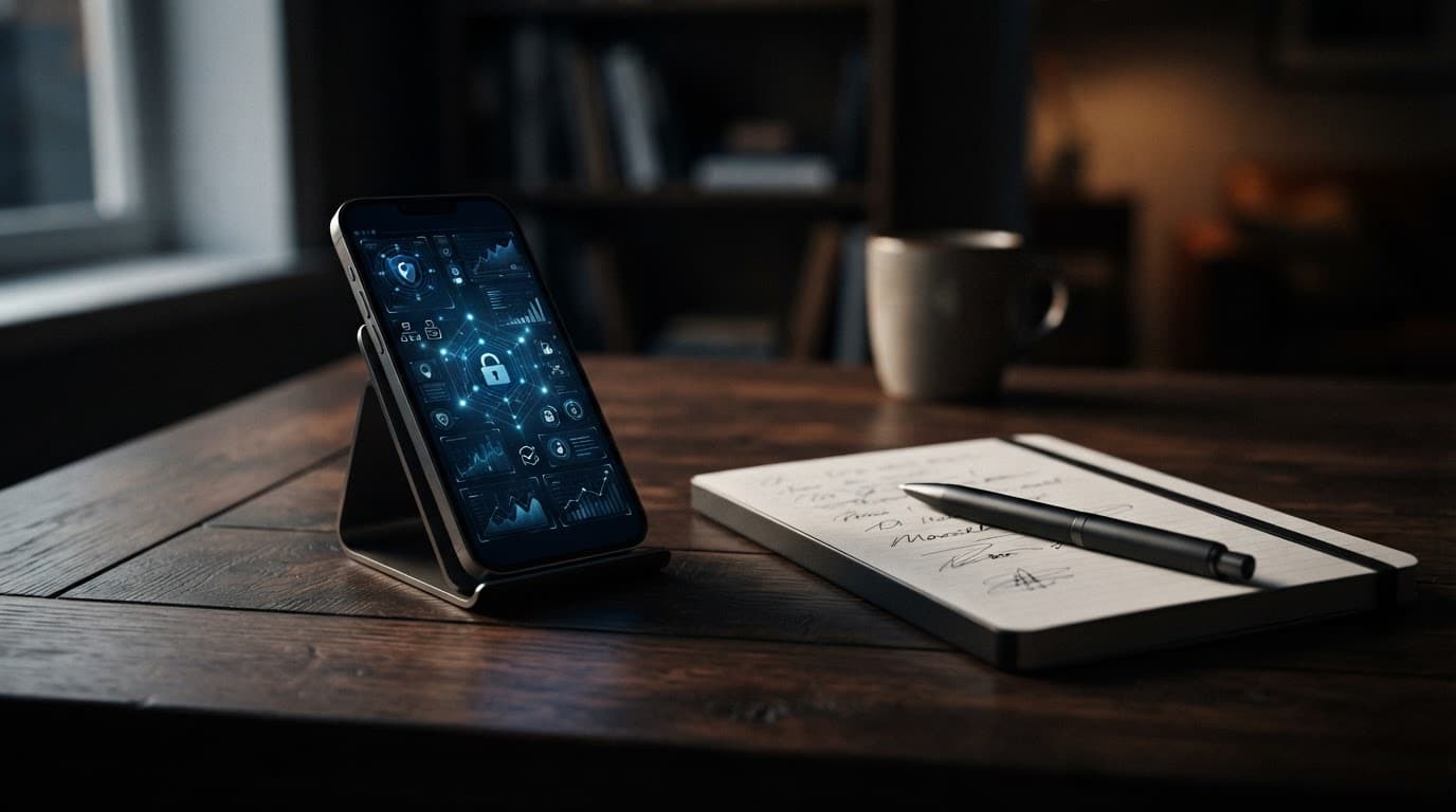 A smartphone, notepad, and pen on a dark wooden desk under dramatic side lighting.