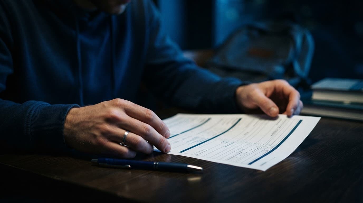 Hands hold an application form beside a pen on a clean table.