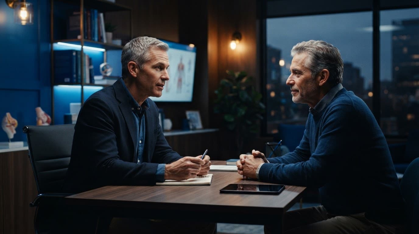 A doctor and patient discuss health across a desk in a modern blue-lit clinic office.
