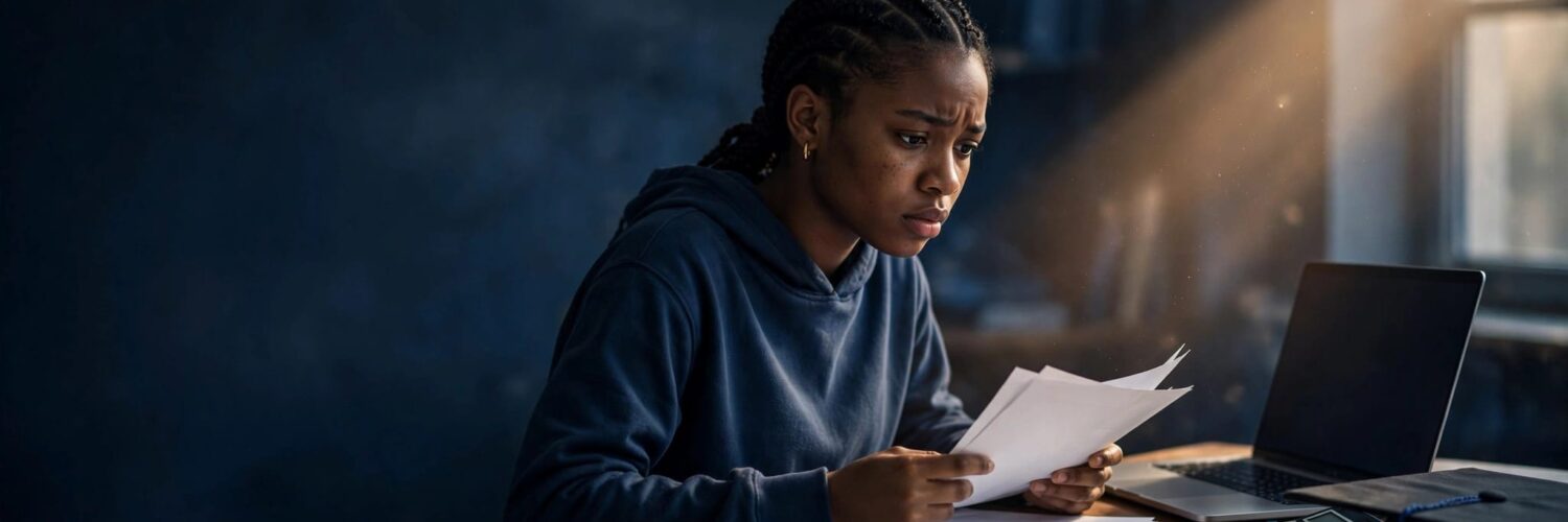 A Nigerian student studies papers beside a laptop, calculator, and graduation cap.