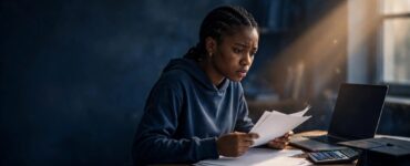 A Nigerian student studies papers beside a laptop, calculator, and graduation cap.