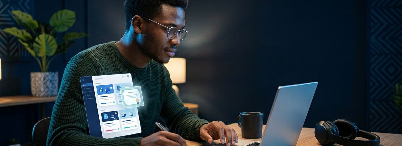 Nigerian student using a laptop for online learning with a notebook and headphones nearby.