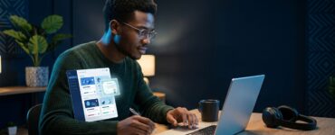 Nigerian student using a laptop for online learning with a notebook and headphones nearby.