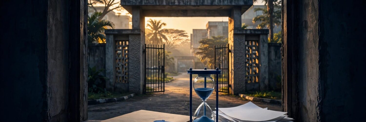 A university gate appears beyond an open doorway beside an admission folder and blue hourglass.