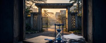 A university gate appears beyond an open doorway beside an admission folder and blue hourglass.