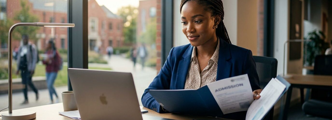 A Nigerian student reviews admission papers beside a laptop at a modern desk.