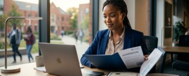 A Nigerian student reviews admission papers beside a laptop at a modern desk.