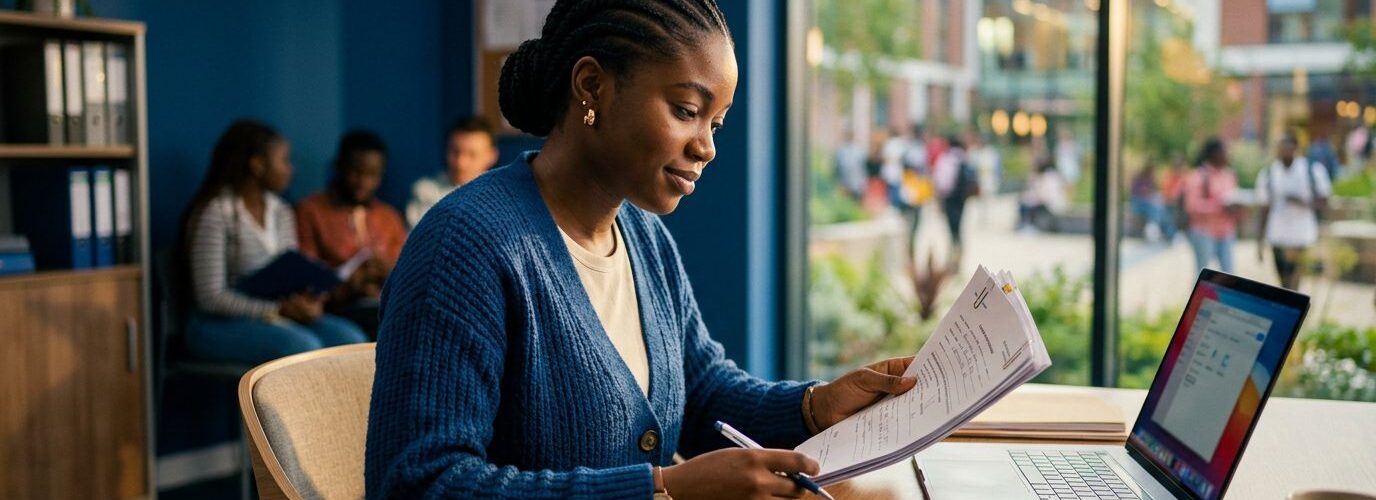 Nigerian student reviewing transfer documents beside a laptop at a university admissions desk.