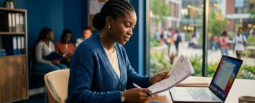 Nigerian student reviewing transfer documents beside a laptop at a university admissions desk.
