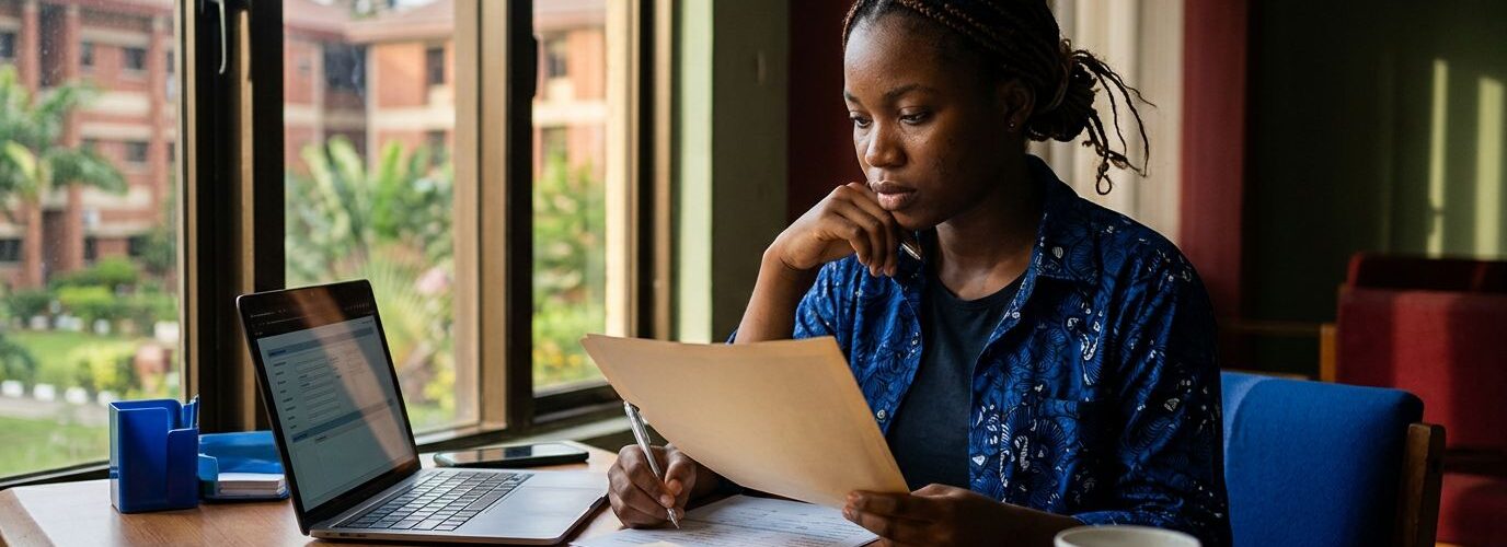 Nigerian student reviews admission papers beside a laptop and folder near a campus window.