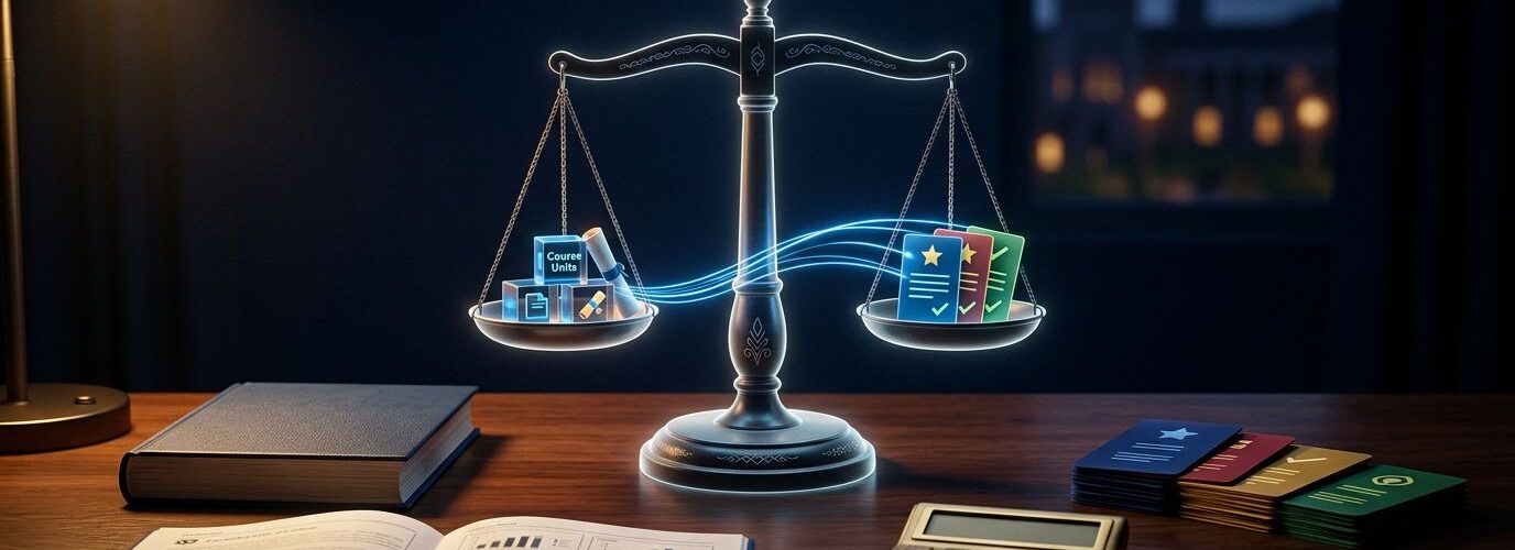 University transcript, calculator, grade cards, and a glowing balance scale on a desk.