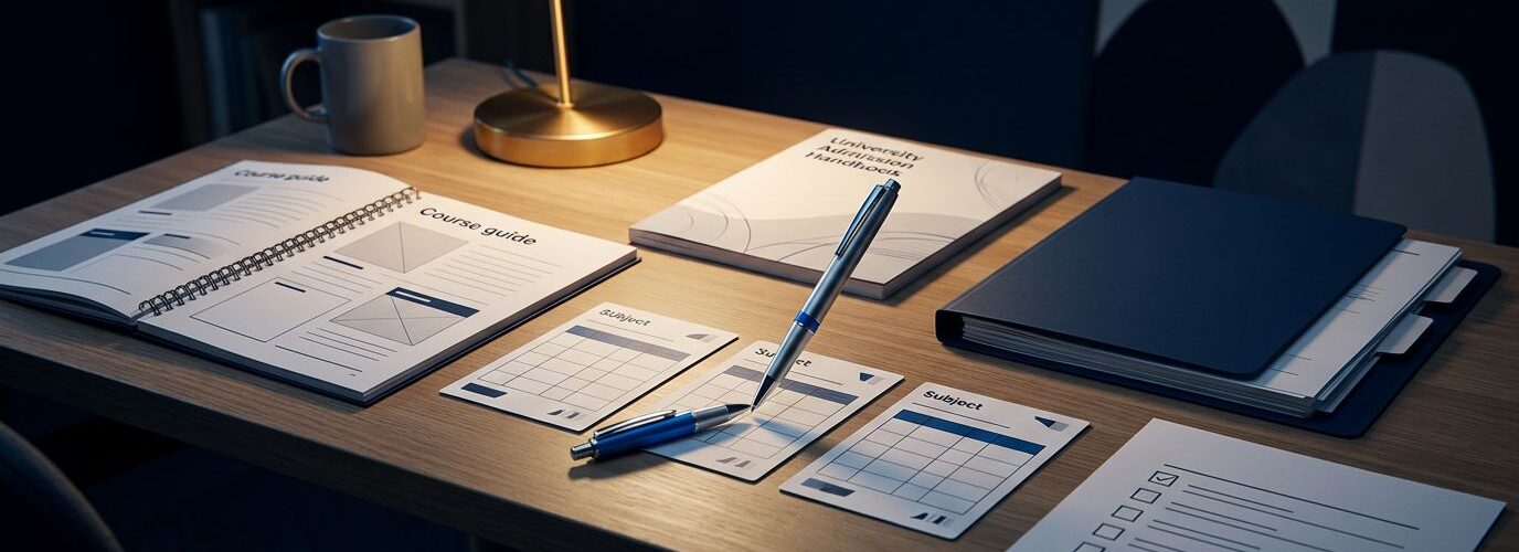 Desk with course guides, subject cards, a blue pen, folder, and checklist.