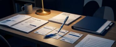 Desk with course guides, subject cards, a blue pen, folder, and checklist.