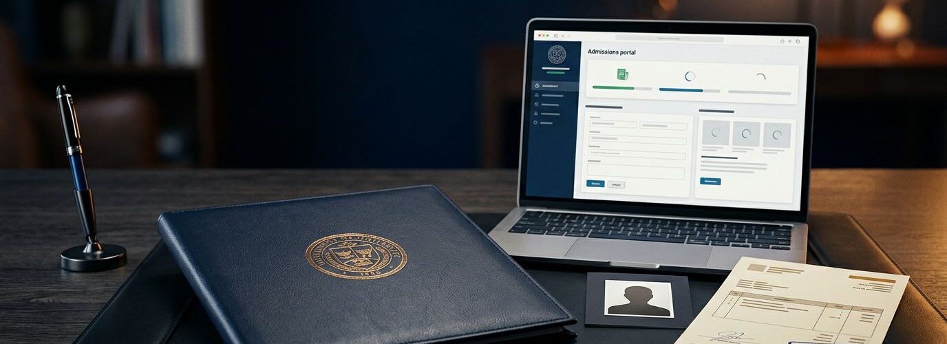 University transcript documents, a payment receipt, and laptop arranged on a dark desk.