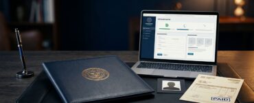 University transcript documents, a payment receipt, and laptop arranged on a dark desk.