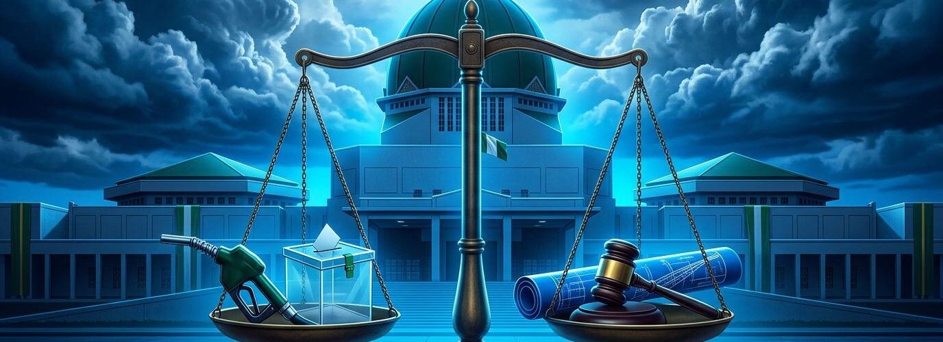 Blue-lit Nigerian government building with storm clouds and scales holding civic symbols.