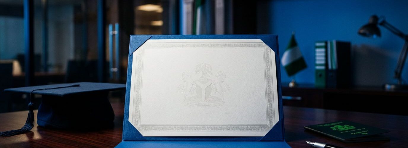 A blank certificate in a blue folder sits beside a cap, passport, and pen.
