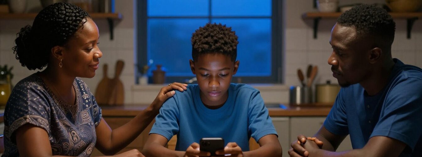 A Nigerian teenager uses a phone while his parents sit beside him in a warm kitchen.