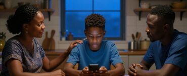 A Nigerian teenager uses a phone while his parents sit beside him in a warm kitchen.