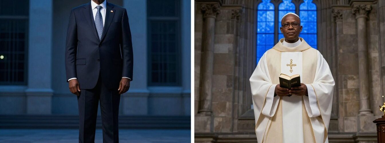 A Nigerian president and Catholic priest shown separately outside national and religious landmarks.