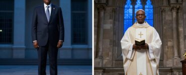A Nigerian president and Catholic priest shown separately outside national and religious landmarks.