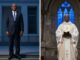 A Nigerian president and Catholic priest shown separately outside national and religious landmarks.