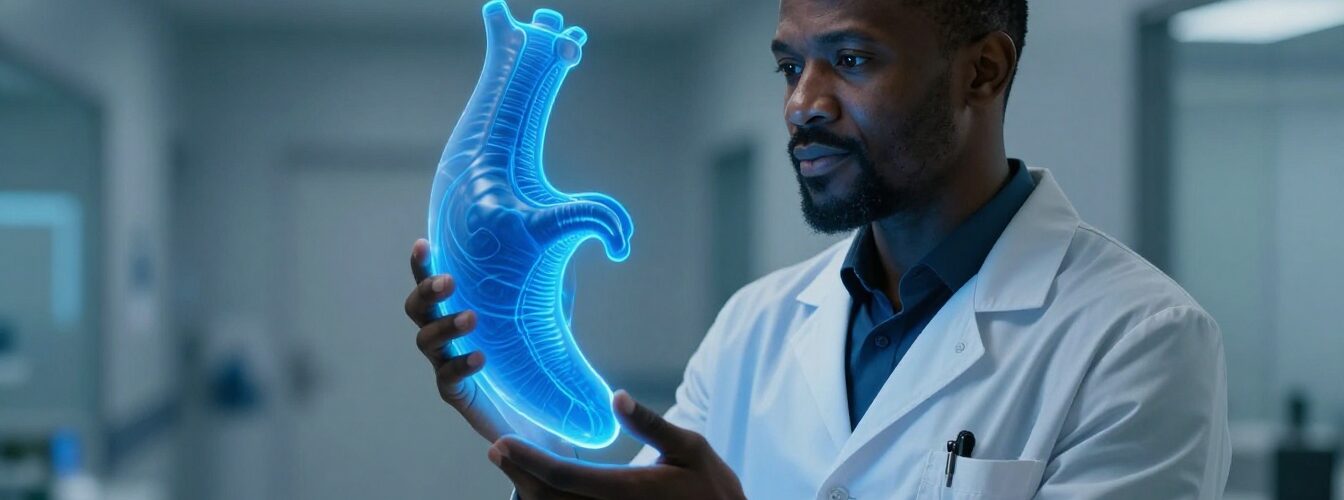 A male doctor examines a glowing blue prostate model in a modern clinic.