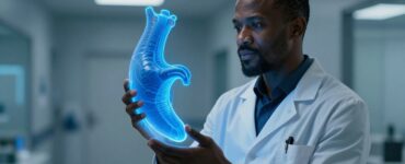 A male doctor examines a glowing blue prostate model in a modern clinic.