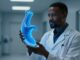 A male doctor examines a glowing blue prostate model in a modern clinic.