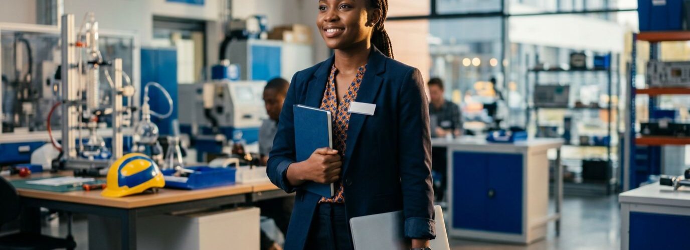 Nigerian student holding a logbook and laptop in a modern workplace.