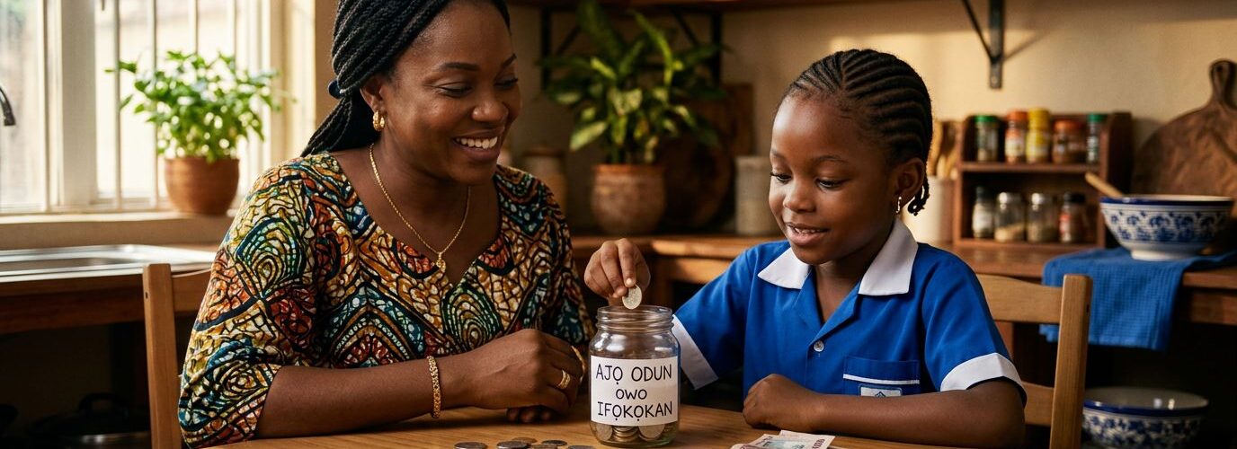 A mother and child sort coins beside a savings jar at a kitchen table.