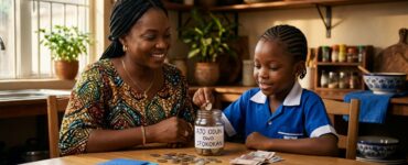 A mother and child sort coins beside a savings jar at a kitchen table.