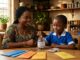 A mother and child sort coins beside a savings jar at a kitchen table.