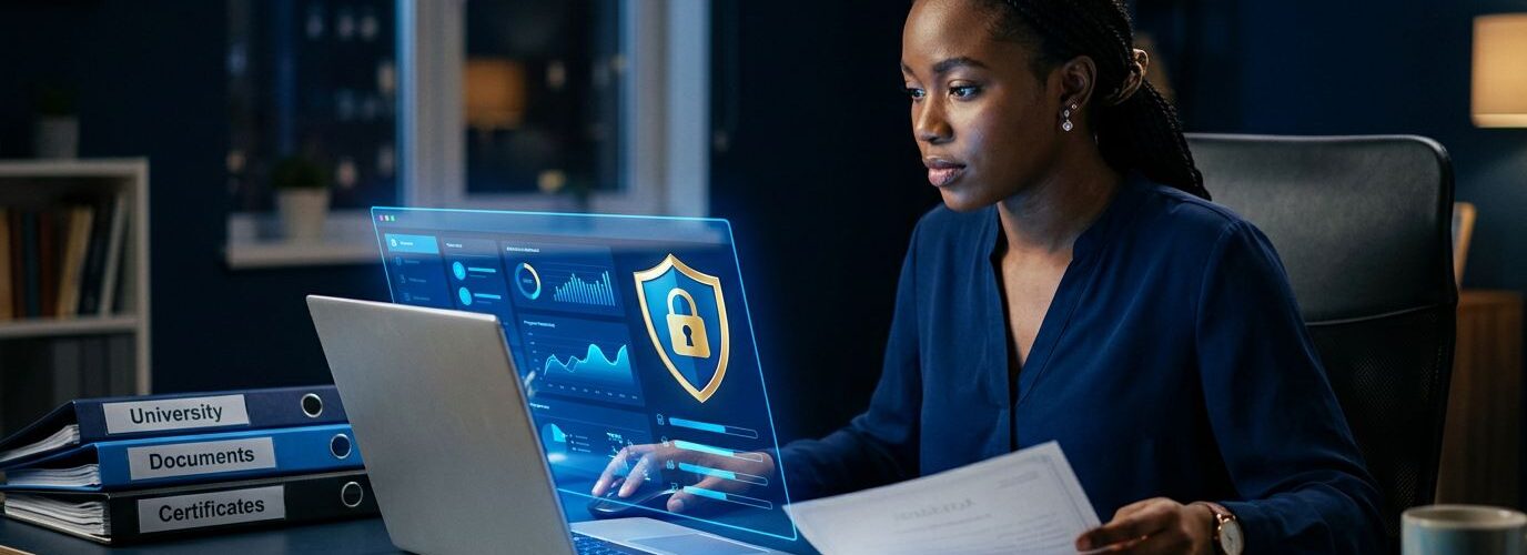 A Nigerian student uploads a certificate beside a laptop with a blue admissions dashboard.